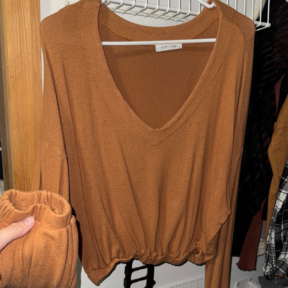 Women's Tan V-Neck Blouse